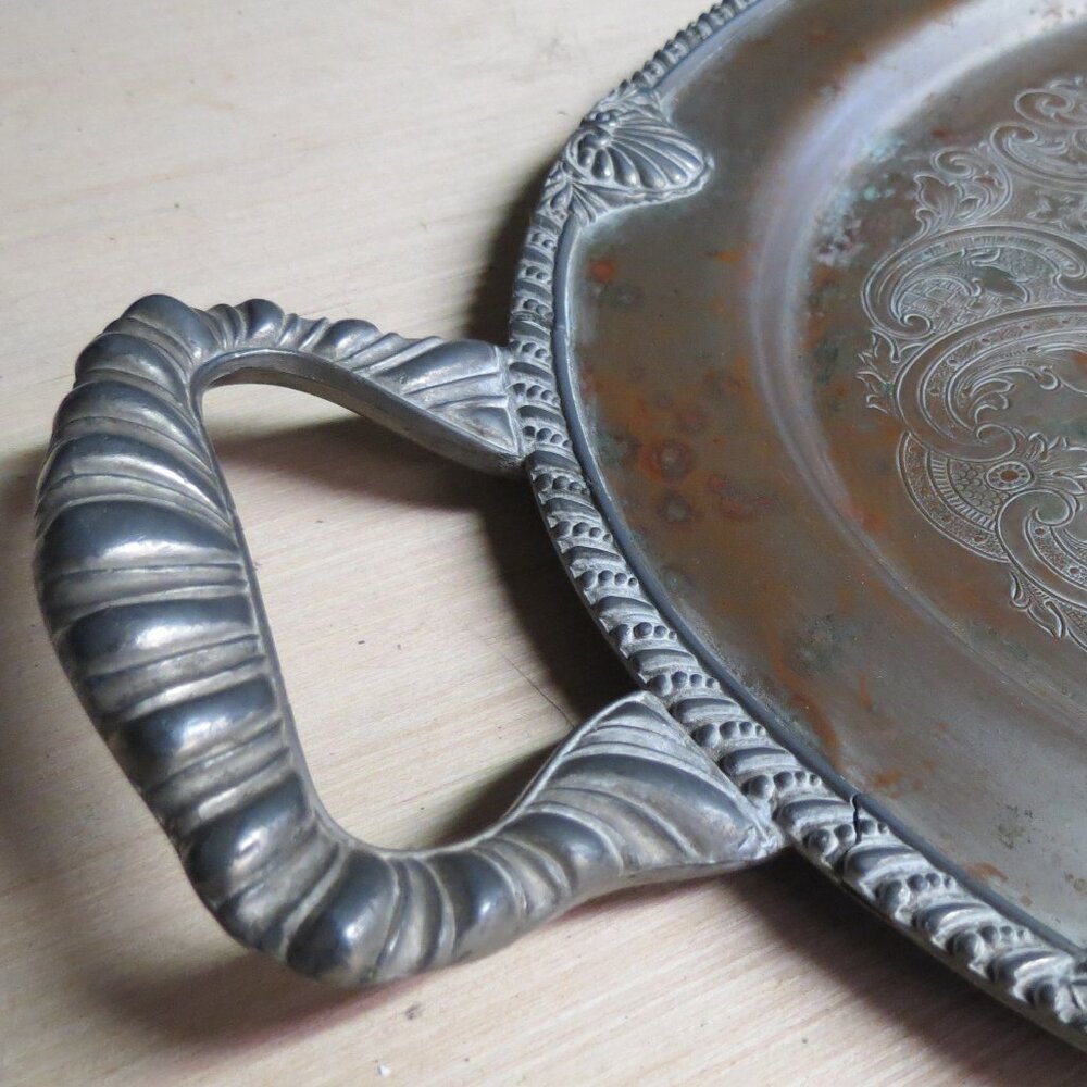 VTG Oval FEDERAL SILVER CO Silver on Copper Butler Serving Tray w Handles USA